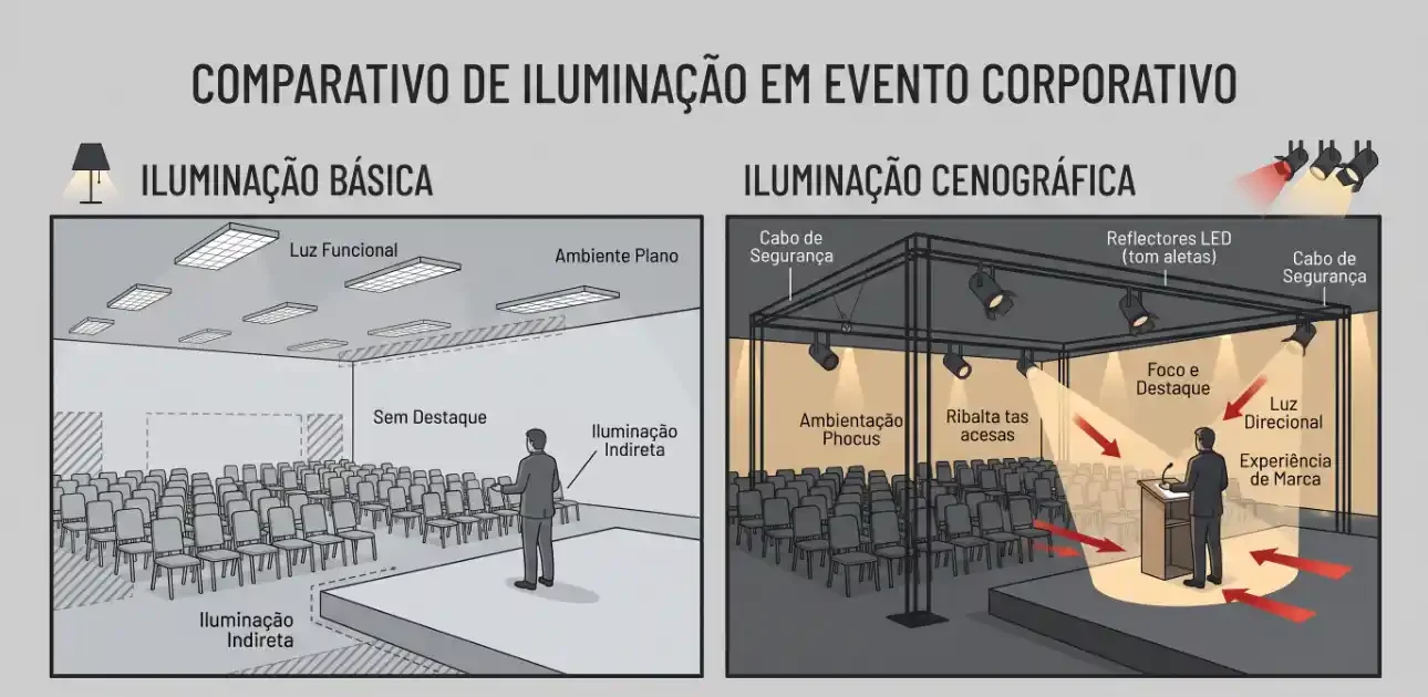 Comparativo de iluminação em evento corporativo: à esquerda iluminação básica sem destaque e iluminação indireta; à direita iluminação cenográfica com foco de destaque e luz direcional sobre palco e apresentador.