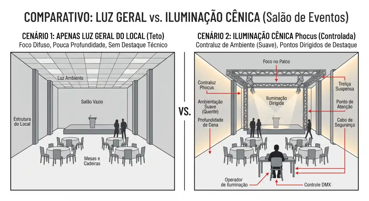 Comparativo de iluminação em salão de eventos: cenário com apenas luz geral do local no teto versus iluminação cênica com foco no palco, contraluz e controle DMX.