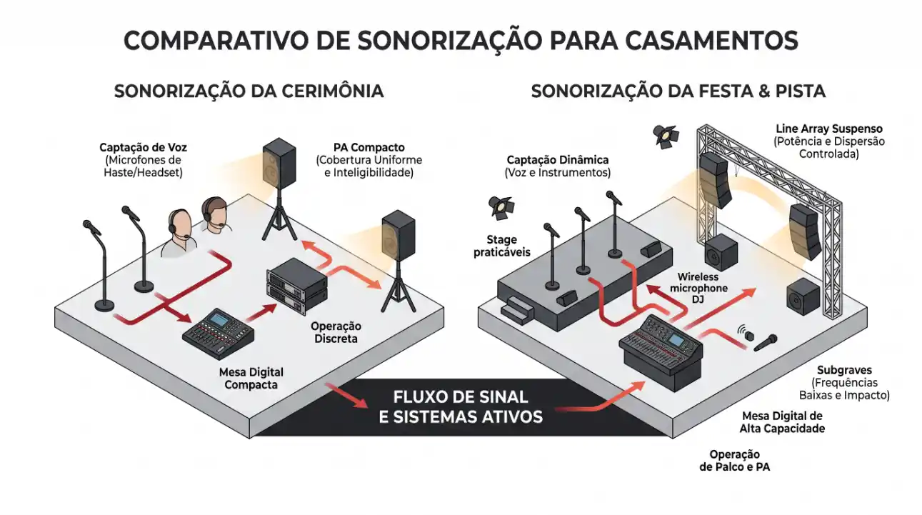 Infográfico comparativo de sonorização para casamentos, mostrando a sonorização da cerimônia e da festa & pista com captação de voz, microfones sem fio, subgraves e fluxo de sinal dos sistemas ativos.