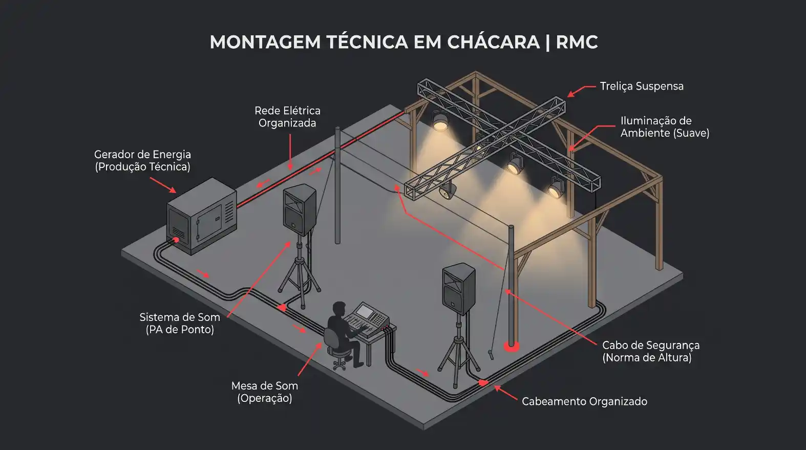 Diagrama técnico em perspectiva de montagem em chácara (RMC), mostrando rede elétrica organizada, gerador de energia, sistema de som, mesa de som e iluminação ambiente suave.