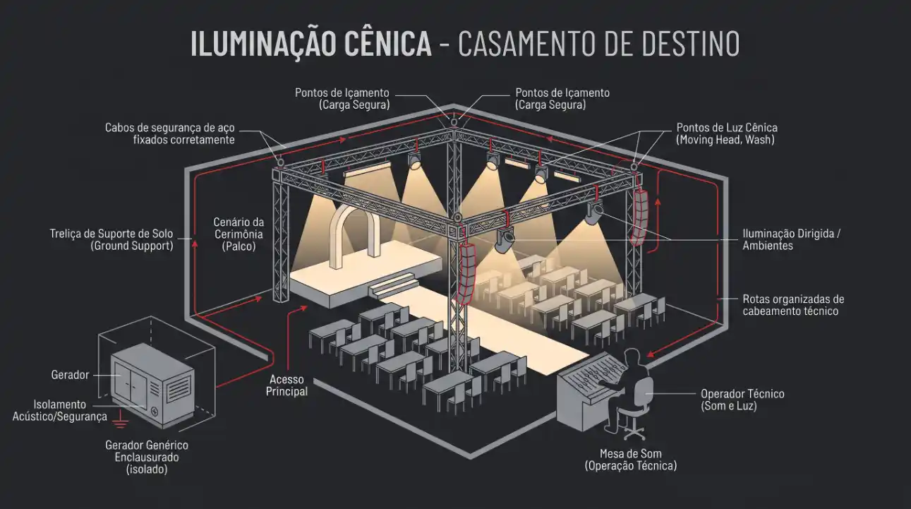 Diagrama técnico de iluminação cênica para casamento de destino, com pontos de lançamento, treliça de suporte, gerador, rota de cabeamento e iluminação dirigida/ambientes para a cerimônia e pista de dança.