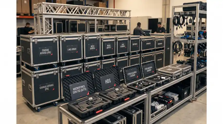 Equipamentos de áudio em rack com caixas ativas PA, line array e microfones sem fio, organizados em cases e preparados para uso em estúdio ou evento.