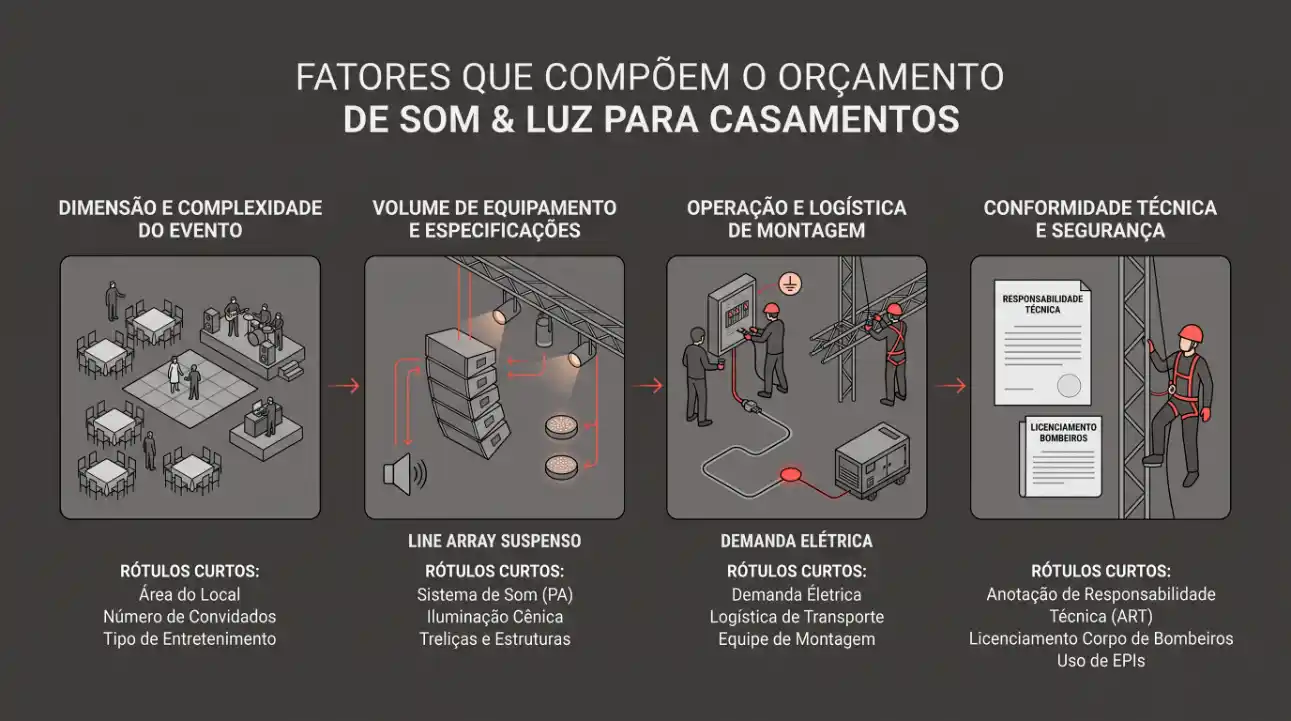 Infográfico com fatores que compõem o orçamento de som e luz para casamentos: dimensão do evento, volume de equipamento e especificações, operação e logística de montagem e conformidade técnica e segurança, com ícones e rótulos