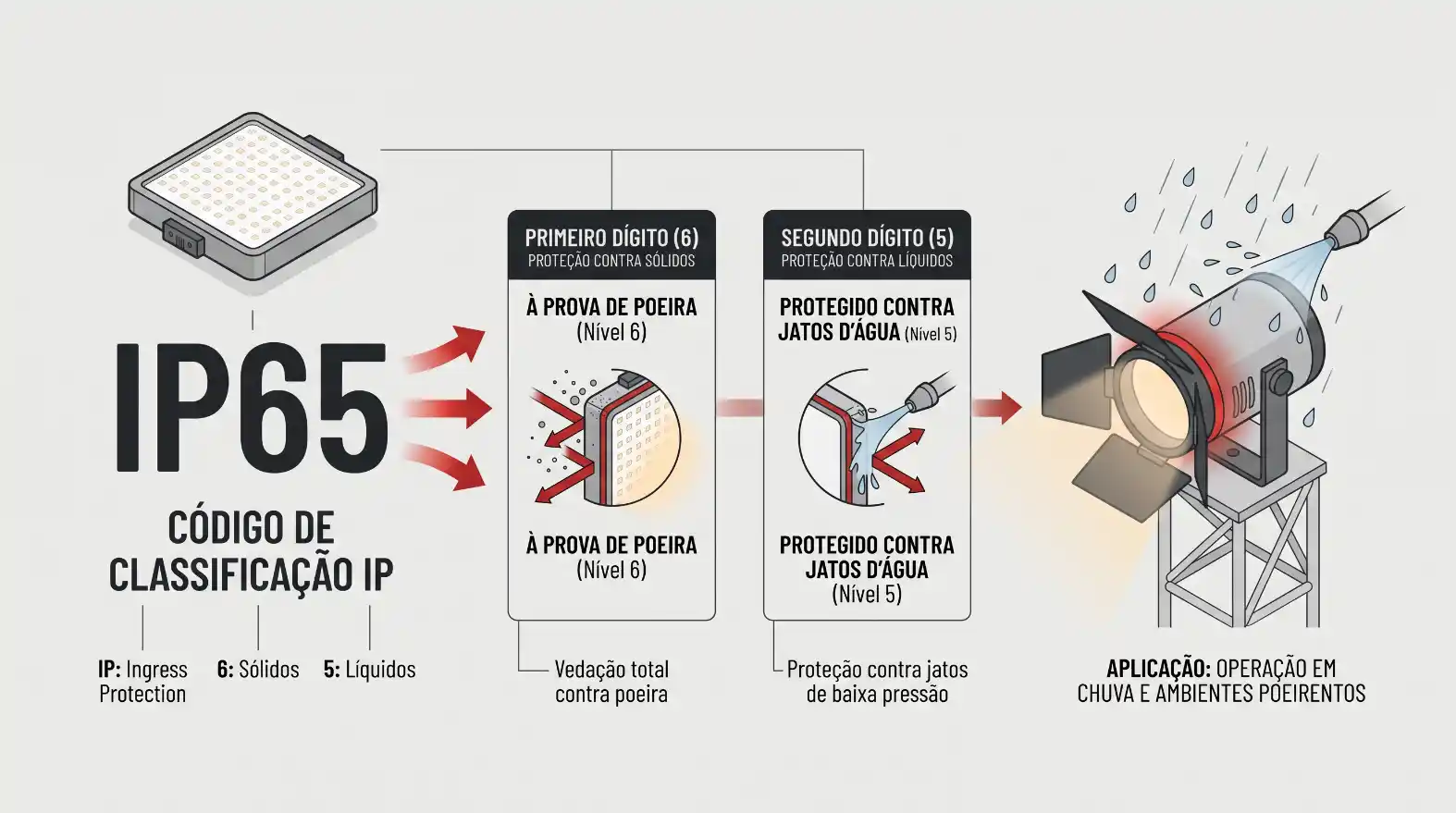 Ilustração com classificação IP65 e diagrama de proteção contra poeira e jatos d’água, mostrando níveis de proteção e aplicação em ambientes chuvosos.
