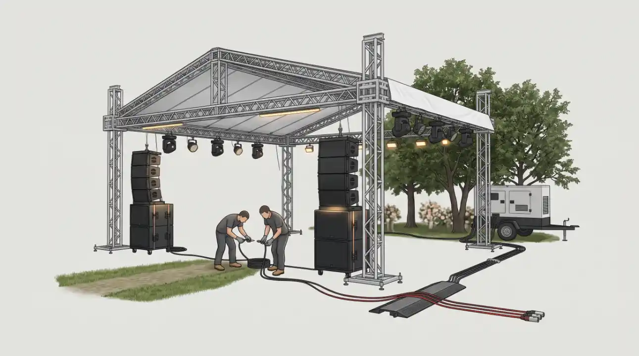 Ilustração de um sistema de som ao ar livre com estrutura metálica, caixas de som, refletores e técnicos ajustando o equipamento ao lado de um gerador portátil