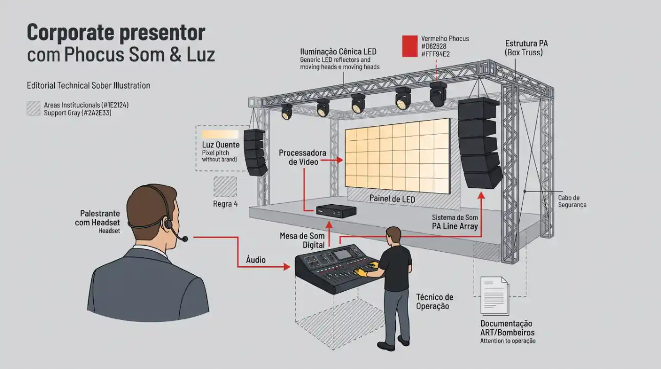 Ilustração técnica corporativa do sistema de palco com Phocus Som & Luz, mostrando projetor, painel de LED, processadora de vídeo e mesa de som digital, com operador operando o controle.