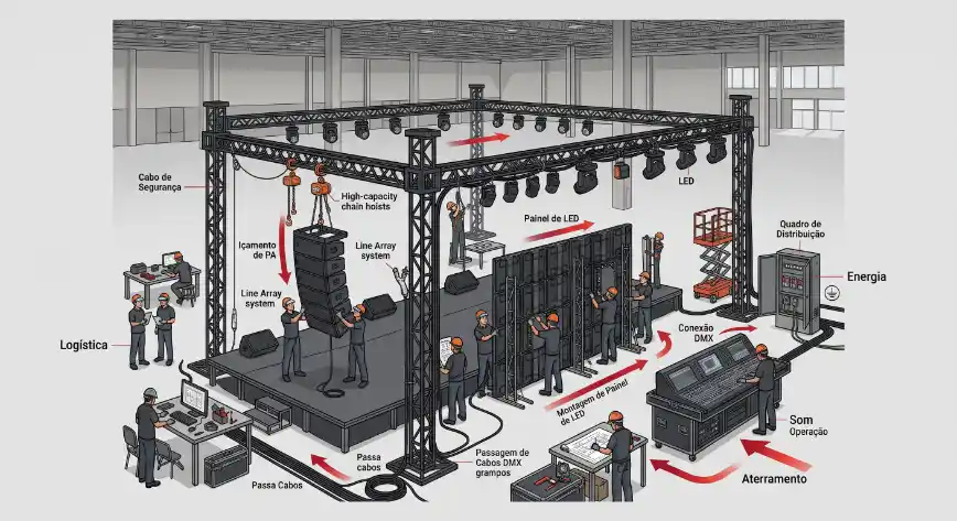 Ilustração técnica de uma instalação de sistema de iluminação LED em um palco, com equipe trabalhando, equipamentos de controle e indicações como energia, aterramento e painel de LED.