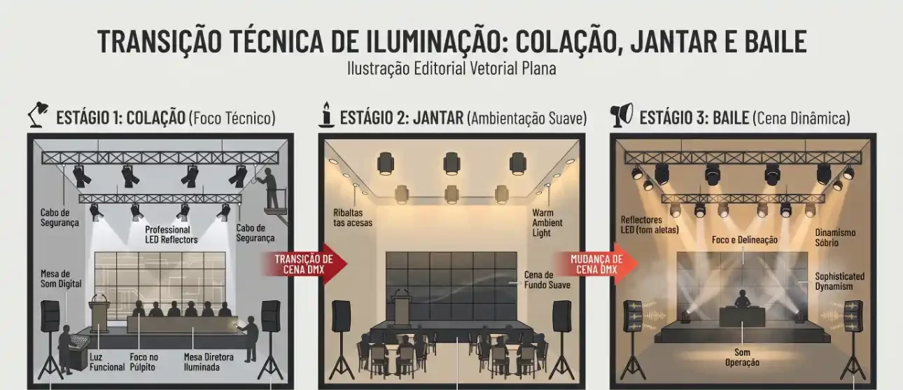 Ilustração editorial vetorial plana mostrando três estágios de transição técnica de iluminação: colocação, jantar e baile, com foco técnico e dinâmico em palco e refletores.