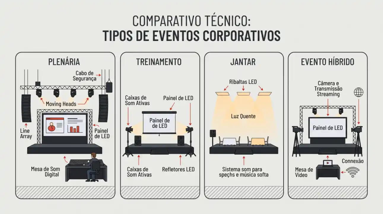 Infográfico comparativo técnico com tipos de eventos corporativos: plenária, treinamento, jantar e evento híbrido, mostrando line array, LED, refletores e conexão de vídeo.