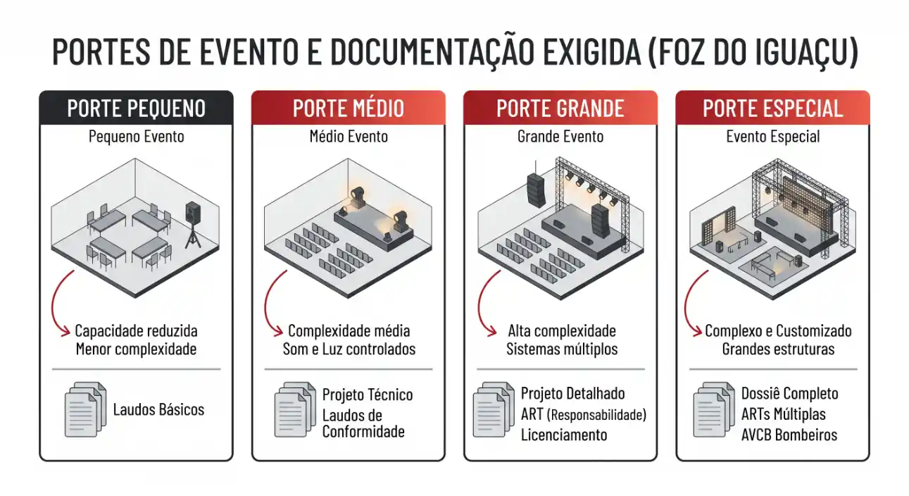 Infográfico com os tipos de porte de evento e documentação exigida (Foz do Iguaçu), comparando porte pequeno, médio, grande e especial, com capacidades, complexidade e itens como laudos, projeto técnico e AVCB