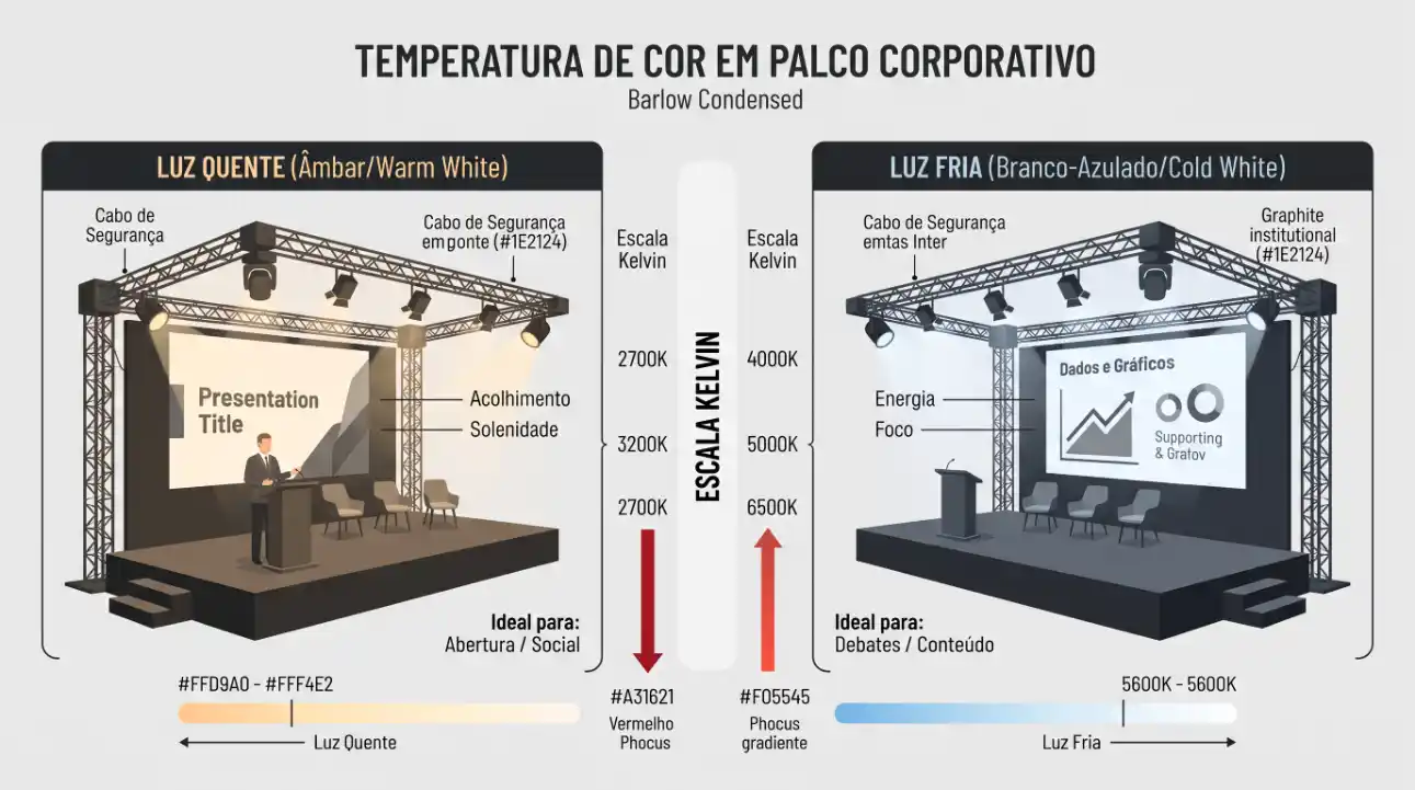 Infográfico sobre temperatura de cor em palco corporativo, mostrando luz quente (âmbar/warm white) e luz fria (branco-azulado/cold white) com escalas em Kelvin e indicações de uso em apresentações e debates.