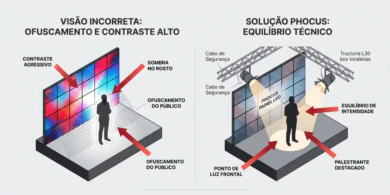 Infográfico comparando visão incorreta e solução phocus: mostra ofuscamento e contraste alto versus equilíbrio técnico, indicando foco no painel, ponto de luz frontal e intensidade equilibrada para um palestrante em destaque.