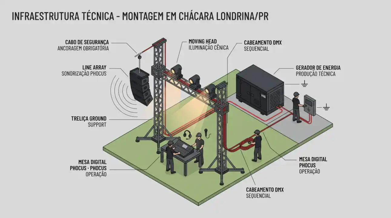 Ilustração técnica da montagem em uma área rural, com infraestrutura de iluminação e som em chácara (Londrina/PR), mostrando moving head, cabeamento DMX sequencial, gerador de energia e mesas digitais.