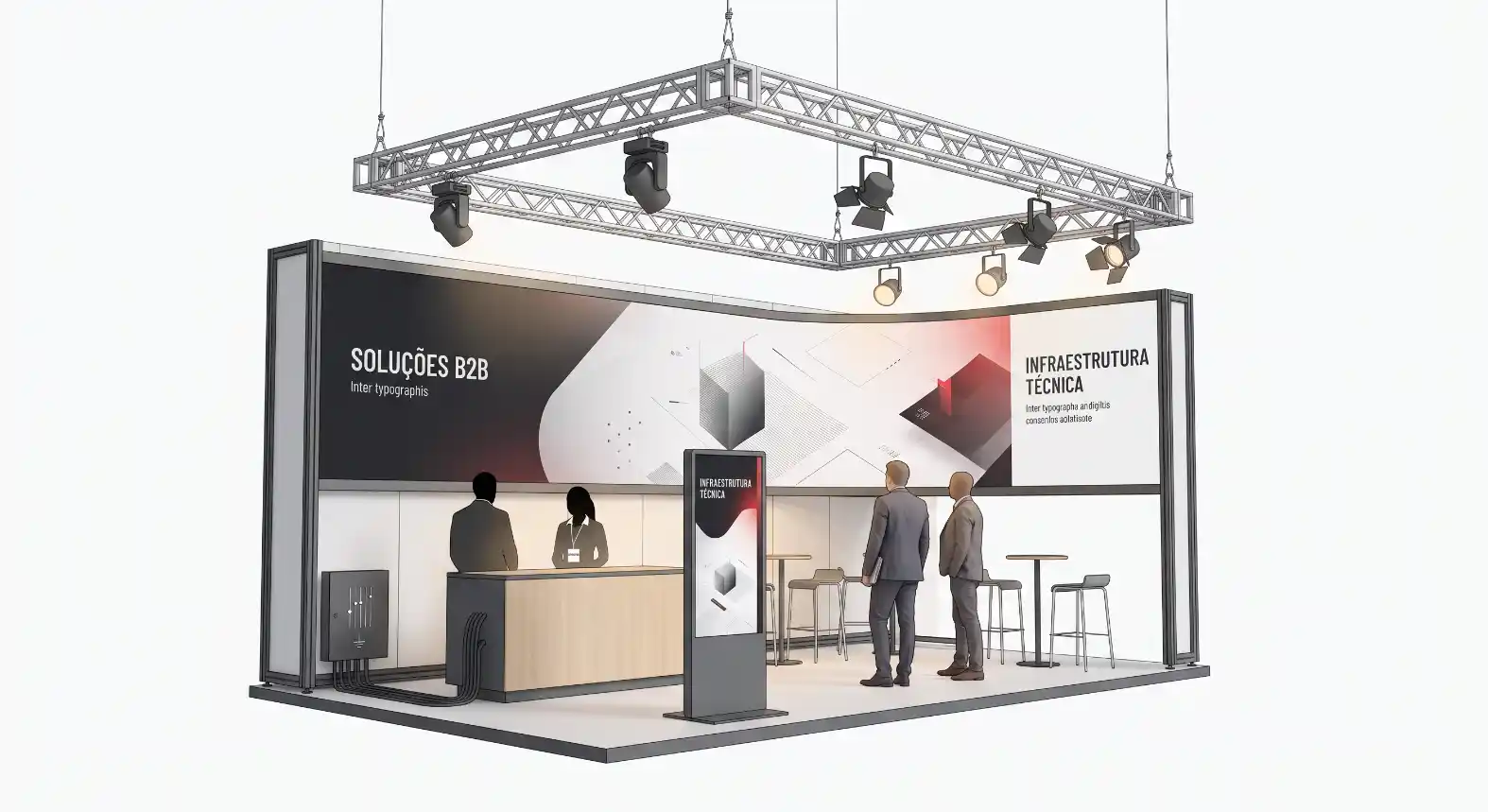 Mockup de estande de feira com estrutura metálica e iluminação no teto, painel com informações “SOLUÇÕES B2B” e “INFRAESTRUTURA TÉCNICA”, recepção e duas pessoas em pé no ambiente.