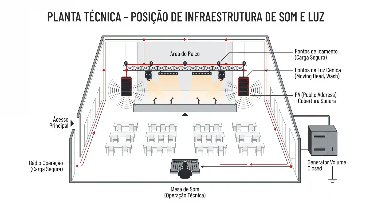 Planta técnica da posição de infraestrutura de som e luz em um ambiente de evento, com área do palco, pontos de iluminação e sistema de PA, mesas e gerador de volume closed.