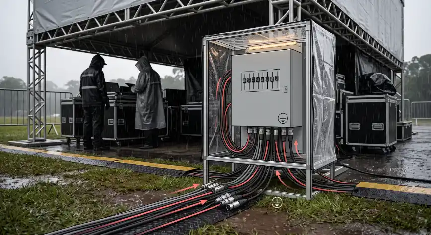 Quadro elétrico em caixa metálica com cabos de energia e controle organizados, instalado em ambiente externo com tendas e equipamentos sobre estrutura de metal e piso molhado pela chuva.