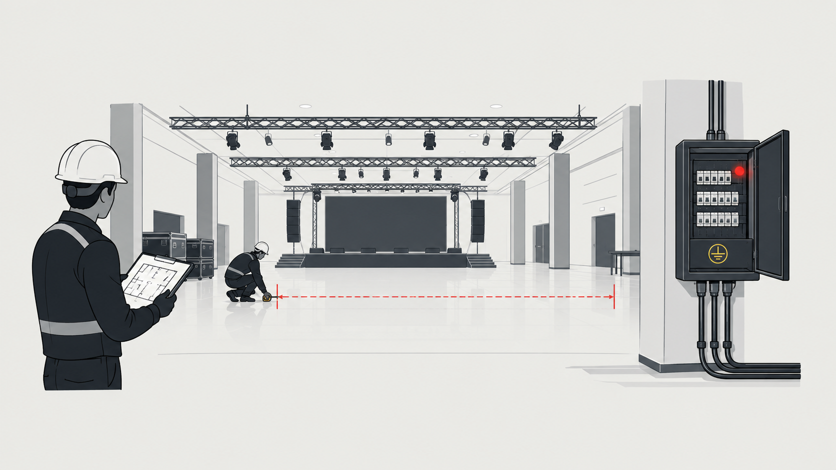 Ilustração de engenheiro usando capacete em um galpão de eventos, com palco ao fundo e um painel de controle industrial com luzes e indicadores na lateral.