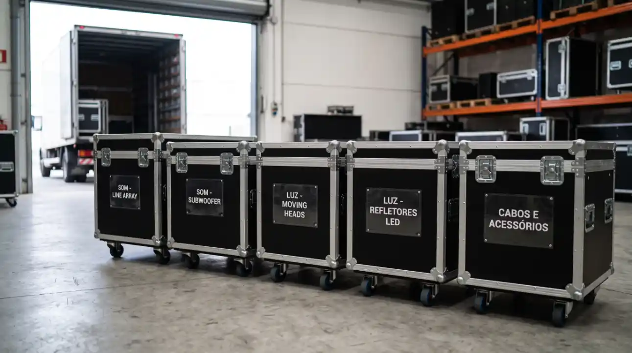 Caminhão de transporte com cases de equipamentos de iluminação em ambiente de estúdio, incluindo placas com “Luz”, “Refletores LED” e “Cabos e acessórios”.