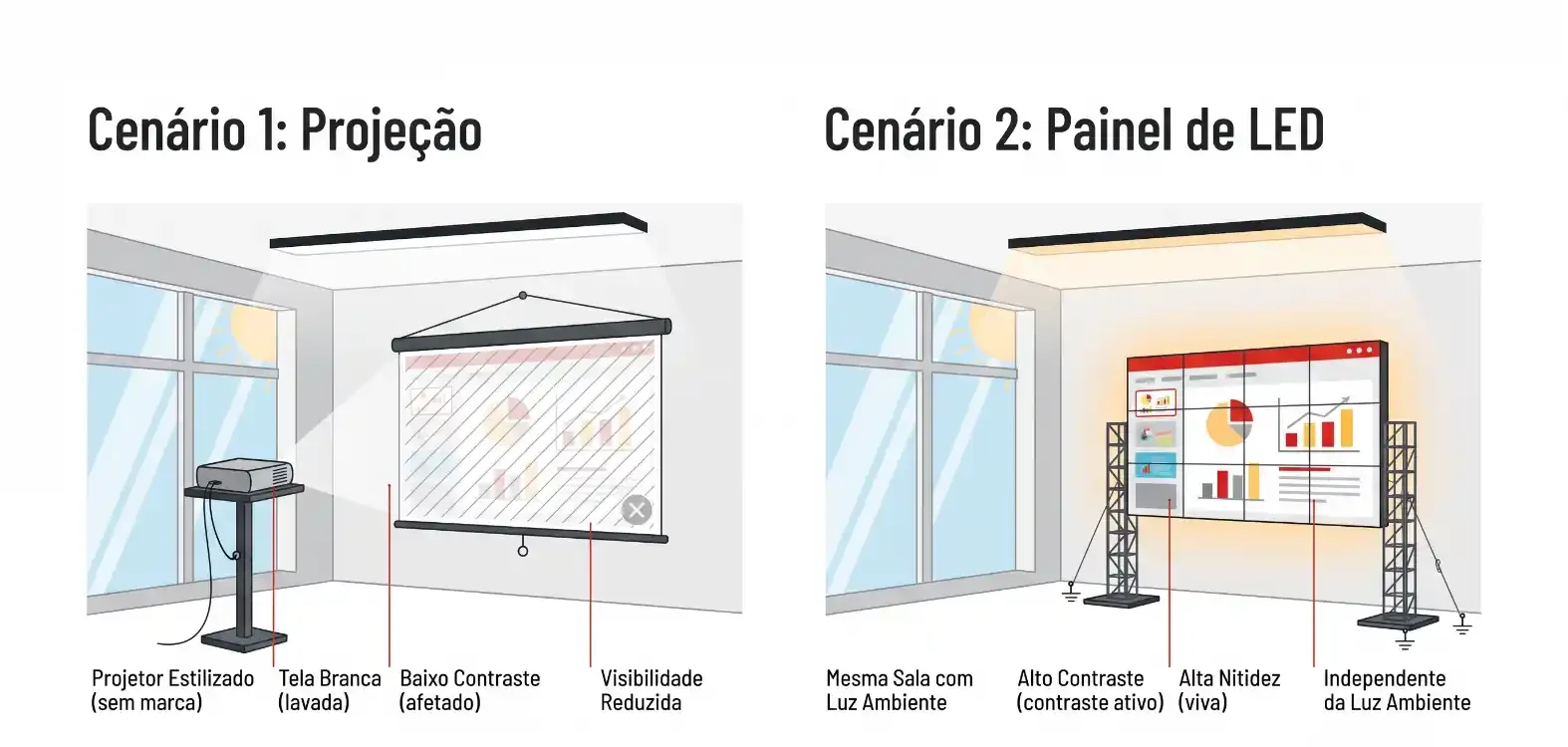 Imagem com diagrama comparando cenários de projeção: “Cenário 1: Projeção” com projetor e tela branca e “Cenário 2: Painel de LED” com painel e gráficos, mostrando parâmetros como contraste e nitidez.
