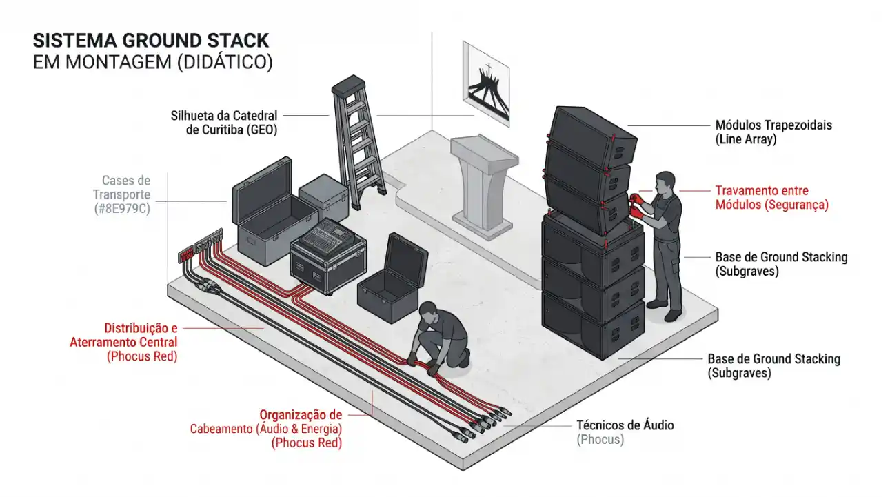 Diagrama didático do sistema ground stack em montagem, com módulos empilhados, base subgraves, cabeamento, técnicas de áudio e elementos como Phocus Red e distribuição de aterramento central.