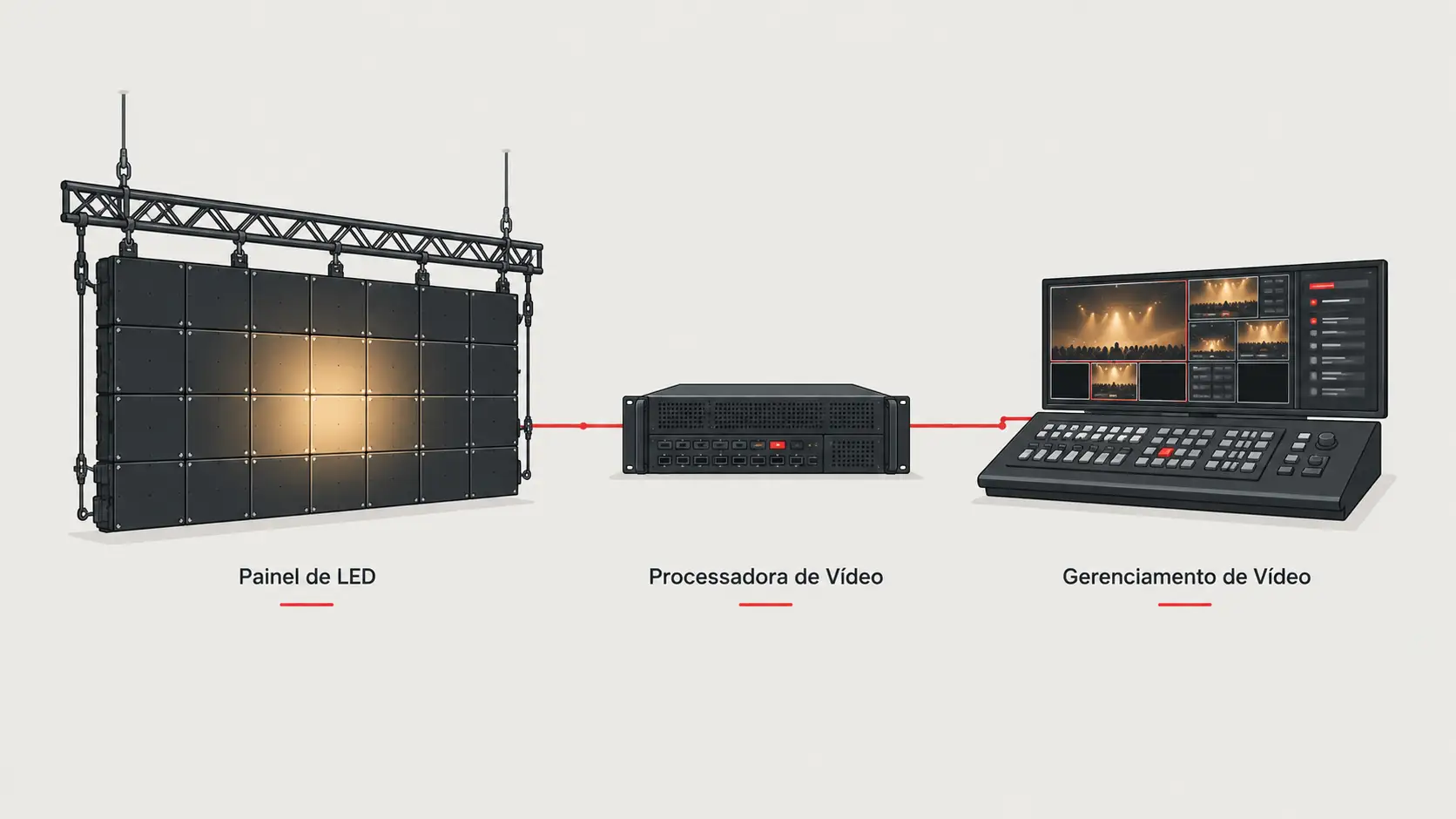 Diagrama técnico com painel de LED à esquerda, processadora de vídeo no centro e sistema de gerenciamento de vídeo à direita, com setas vermelhas indicando a conexão e o fluxo de sinal.