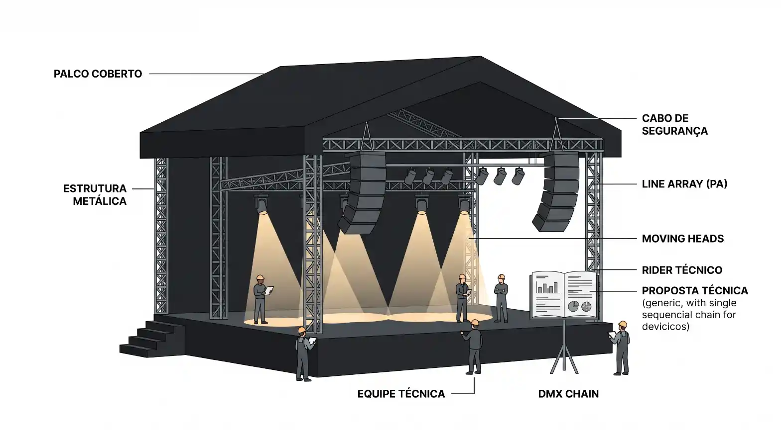 Diagrama técnico de um palco de cobertura com estrutura metálica, cabos de segurança e line array (PA), destacando moving heads, rider técnico, proposta técnica, equipe e DMX chain.