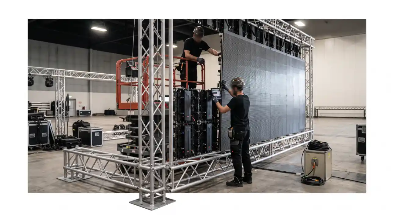 Equipe técnica operando um sistema de iluminação em um estúdio, com estrutura metálica tipo treliça e painéis de LED ao fundo, preparando o set.