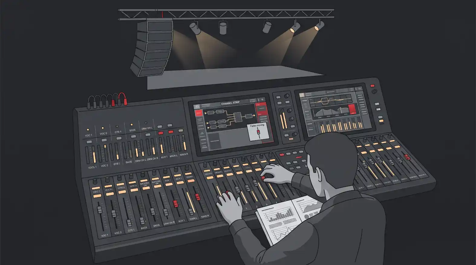 Ilustração de um operador em uma mesa de controle de áudio com vários botões, faders e telas exibindo medidores e gráficos, em ambiente de estúdio ou mixagem.