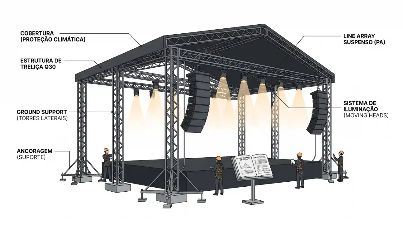 Ilustração técnica de um palco com cobertura climática e estrutura de treliça Q30, incluindo torres laterais, sistema de iluminação com moving heads e line array suspensão PA.