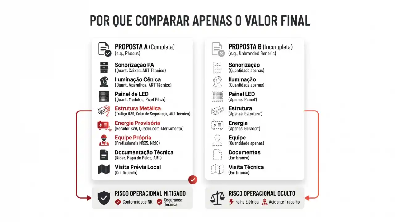 Infográfico comparando a proposta A (completa) e a proposta B (incompleta), destacando itens como sonorização, painel de LED, estrutura metálica, energia provisória e documentação técnica.