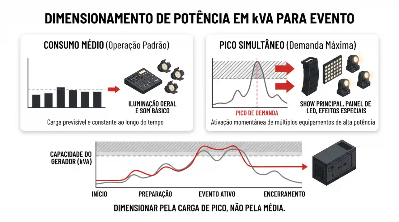 Infográfico sobre dimensionamento de potência em kVA para evento, com gráficos de consumo médio, pico simultâneo, capacidade do gerador e dicas de dimensionar pela carga de pico.