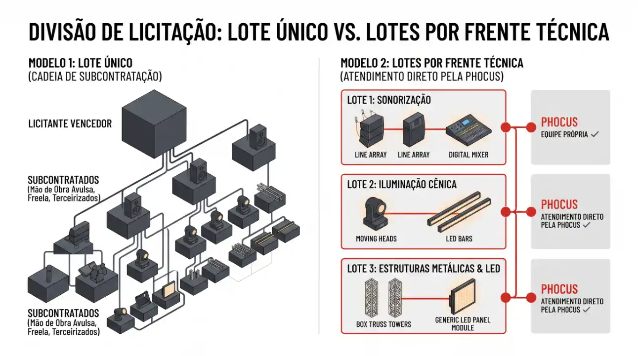 Infográfico comparando divisão de licitação: modelo de lote único com cadeia de subcontratação e modelo de lotes por frente técnica, mostrando sonorização, iluminação cênica e estruturas metálicas com PHOCUS.