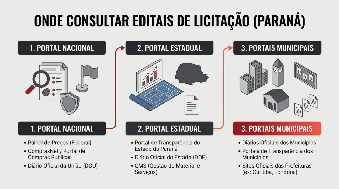 Infográfico com o título “ONDE CONSULTAR EDITAIS DE LICITAÇÃO (PARANÁ)”, mostrando três seções: portal nacional, portal estadual e portais municipais, com exemplos como Painel de Preços Federal, Portal de Transparência do Estado e diários oficiais.