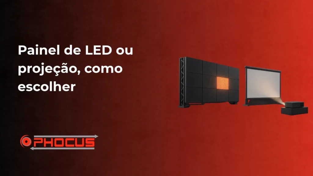 Imagem com título “Painel de LED ou projeção, como escolher” e ilustrações de um painel de LED, uma tela de projeção e acessórios, com a marca O PHOCUS ao canto inferior esquerdo.