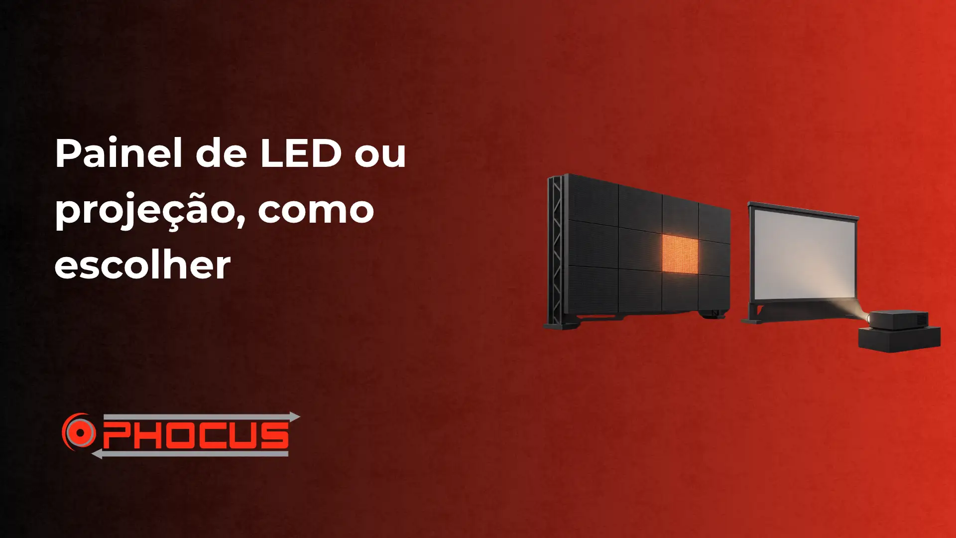 Imagem com título “Painel de LED ou projeção, como escolher” e ilustrações de um painel de LED, uma tela de projeção e acessórios, com a marca O PHOCUS ao canto inferior esquerdo.