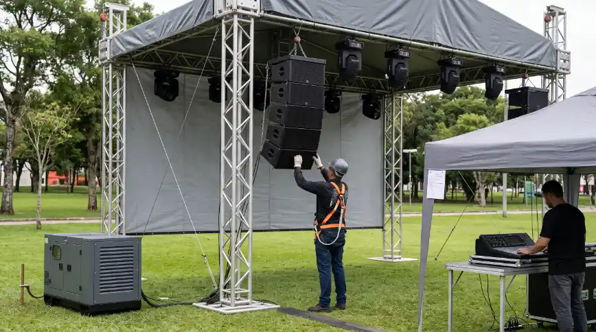 Técnico ajustando refletores e equipamentos de som em uma estrutura de palco com tendas, ao ar livre em evento. Capacete no chão ao lado.